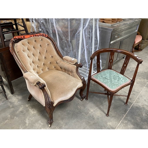 54 - Victorian mahogany gentleman's library chair 70W & a Victorian mahogany corner chair 57W (both for r... 