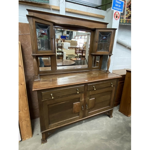 10 - Art Nouveau oak sideboard with stained glass 195H 153W 58D