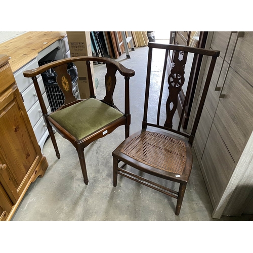 22 - Victorian mahogany inlaid corner chair 67W & an Arts & Crafts wheel back side chair 47W