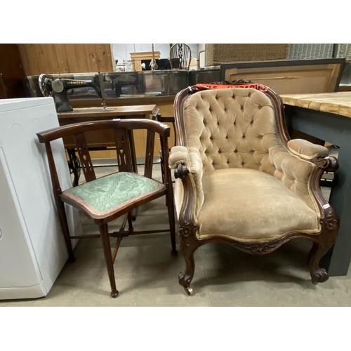 54 - Victorian mahogany gentleman's library chair 70W & a Victorian mahogany corner chair 57W (both for r... 
