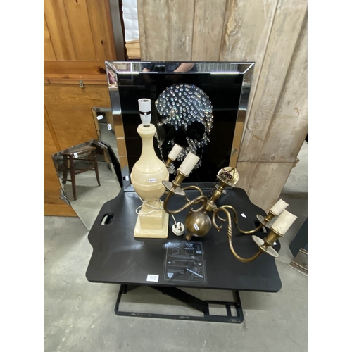 59 - Brass chandelier, contemporary 'Skull' mirrored picture 60X60, 2 frameless mirrors 41X65 & 80X42 etc