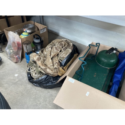 458 - Camping gear including gas stove, chairs, lanterns, outdoor torches, play parachute etc