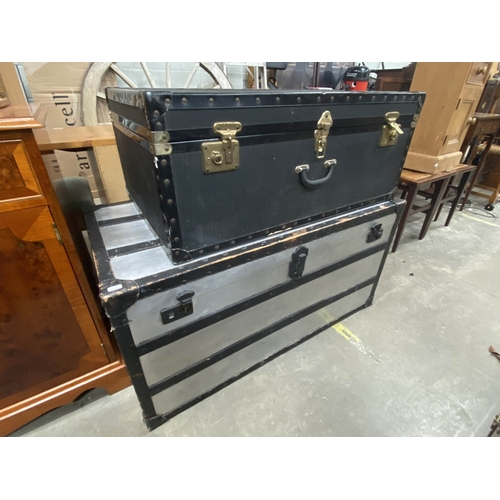 13 - Vintage aluminium/wooden steamer trunk 51H 101W 51D & black vintage trunk 34H 84W 50D
