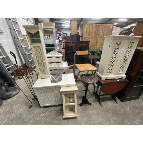 28 - Shabby chic butlers table 70H 57W 40D, Laura Ashley wall clock etc