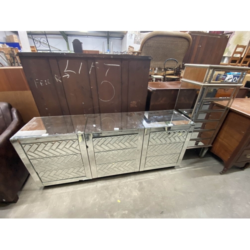 35 - Contemporary mirrored seven drawer chest 113H 46W 33D and 3 mirrored bedside chests 64H 51W 36D