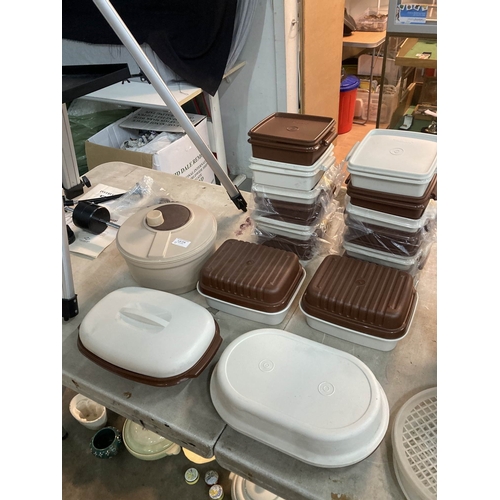 316 - Tupperware brown and cream freeze and save containers, salad spinner, veg/rice steamer, covered dish... 