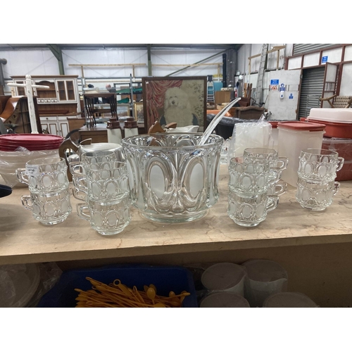 349 - Glass punch bowl with ladle & 12 matching cups