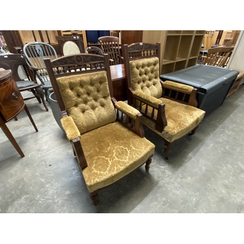 11 - Victorian 'His' & 'Hers' walnut framed armchairs 103H 65W