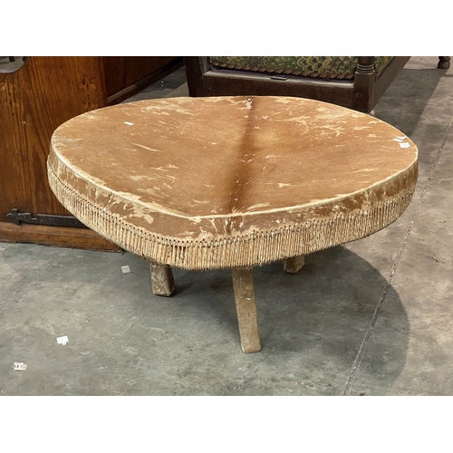 128 - Zulu drum table covered in cowhide 41H 85cm diameter