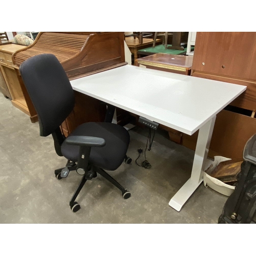 149 - NOVIGAMI electric standing desk in white 76H 120W 80D & a black swivel office chair