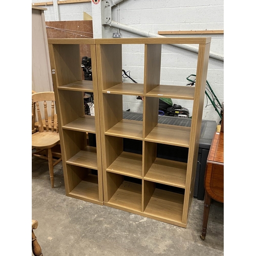 15 - Oak effect modular 9 cube storage shelves (in 2 sections) 148H 118W 40D