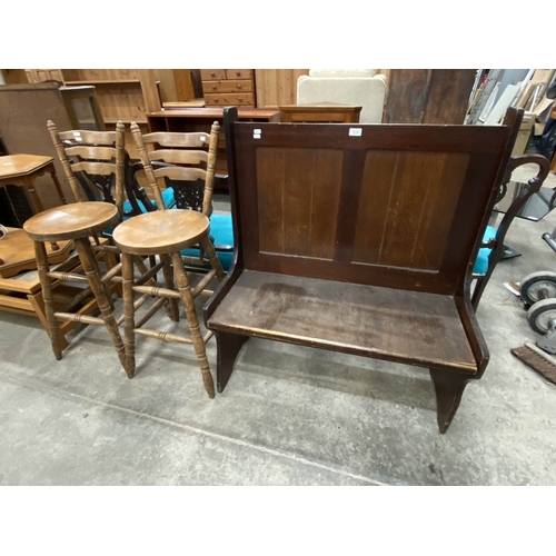 154 - Antique pitch pine pew 107H 92W 47D & 2 oak bar stools 105H