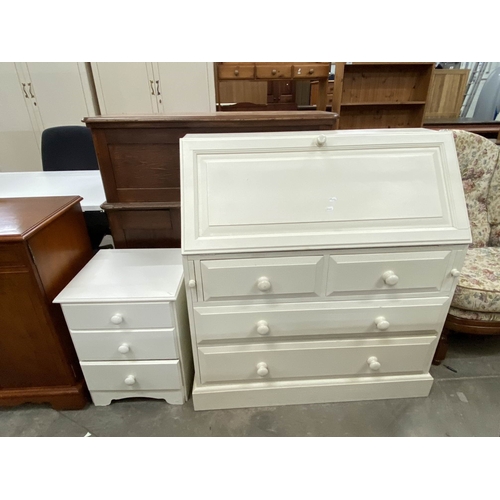 156 - Painted pine bureau 108H 100W 45D & a white three drawer chest 57H 44W 40D