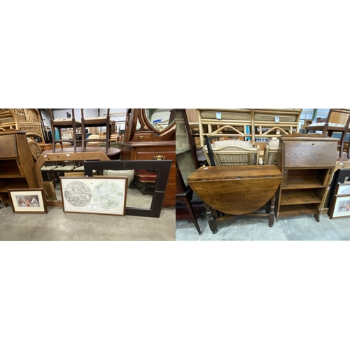 159 - Pine framed mirror 77 x 107cm, brown faux leather framed mirror 69 x 89cm, oak Larkin bureau 108H 60... 