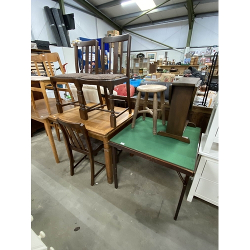 166 - Folding card table 68H 76W 76D, oak drop leaf lamp table 53H 51W 21-70D,Victorian beech stool 46H an... 