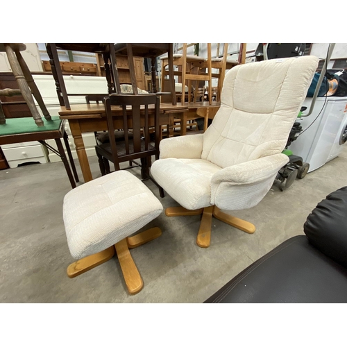 176 - Cream velour effect swivel reclining lounge chair 75W with a matching footstool 44H 49W 40D
