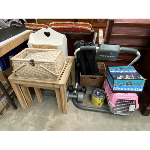 179 - Sewing basket, magazine rack, animal cage, 2 Proiron yoga mats in carry bags etc