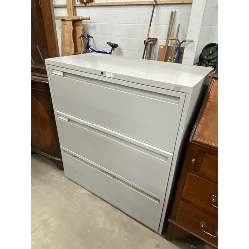 22 - Metal three drawer filing cabinet 100H 92W 46D