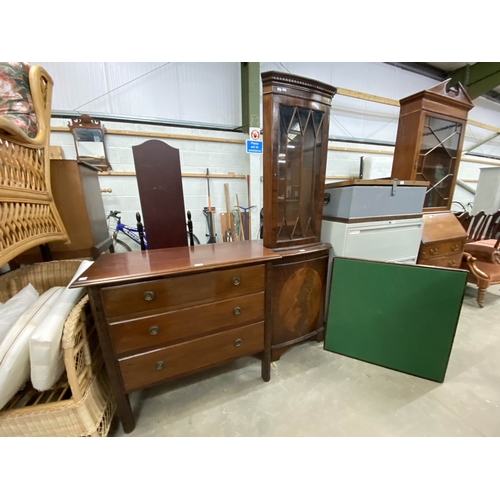 23 - Mahogany corner display cabinet 186H 65W & a mahogany three drawer chest 89H 96W 44D etc
