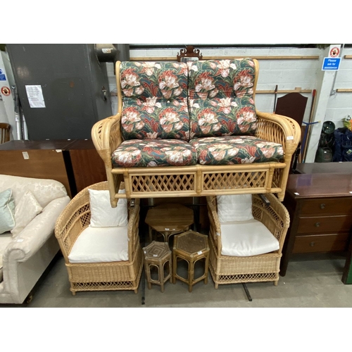 24 - Bamboo conservatory settee 140W, 2 wicker chairs 63W etc
