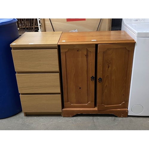 27 - Beech three drawer chest 78H 41W 49D & a pine 2 door cupboard 80H 65W 38D