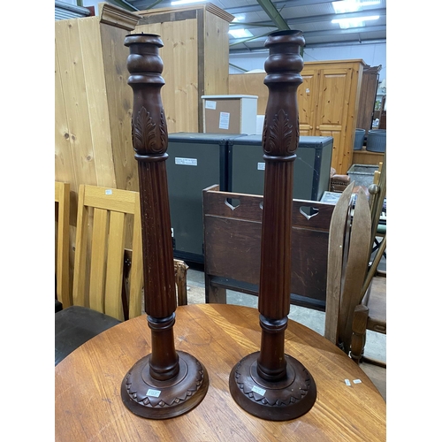 33 - Pair of hardwood column candle stands 101H 28cm diameter