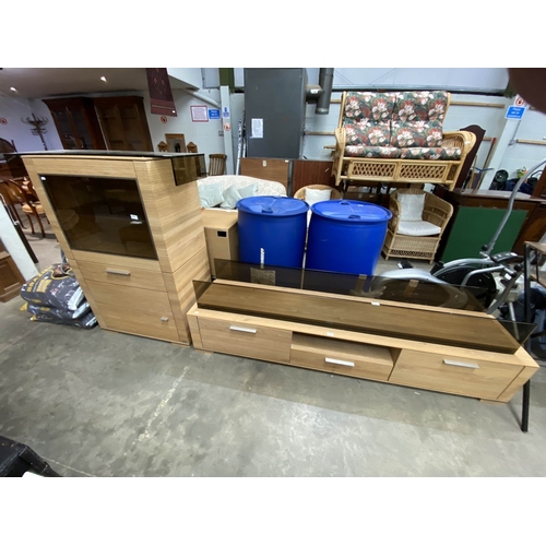 51 - Hartmann (Made in Germany) beech media cupboard 126H 77W 43D & matching media stand 32H 203W 43D