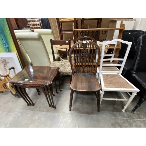 54 - Assorted furniture including a pair of oak wheelback chairs 38W, mahogany nest of three tables 55H 5... 