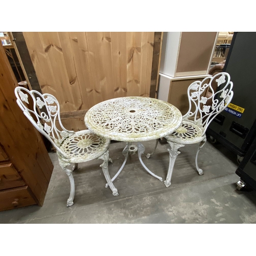 59 - Aluminium garden table 65H 69cm diameter and 2 chairs