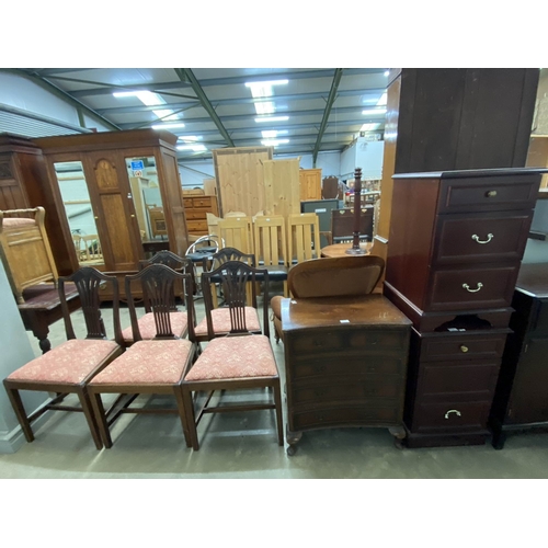 8 - Pair of mahogany three drawer bedside chests 69H 43W 43D, mahogany 2 over 3 chest of drawers 75H 61W... 