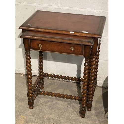 123 - Johnathan Charles walnut barley twist nest of two tables with leather inset and a single drawer to t... 
