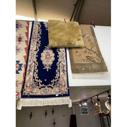 129 - Pure mohair rug in honey 97 x 71cm, blue Chinese inspired runner 242 x 74cm & a Chinese silk carpet/... 