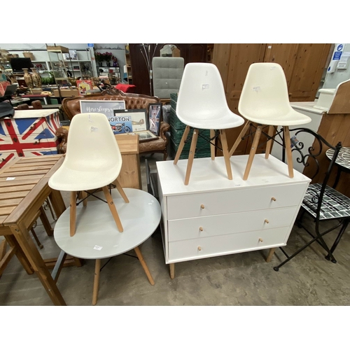 136 - White three drawer chest 73H 82W 39D & a child's table 50H 60W with three Eames style chairs