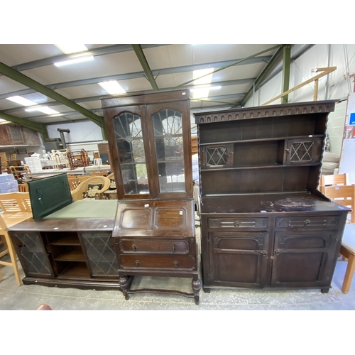 148 - Oak glazed bookcase 75H 135W 28D, Edwardian oak bureau bookcase 195H 77W 45D & an oak dresser 181H 1... 