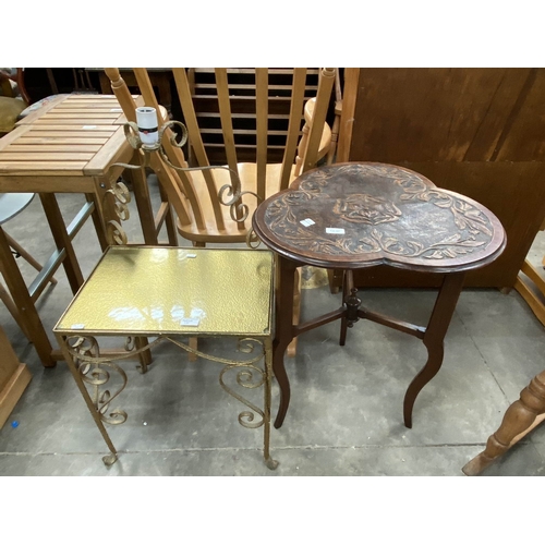 151 - Victorian carved mahogany occasional table 69H 53W & a gilt hall table with light fitting (requires ... 