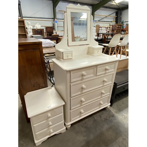 154 - Painted pine dressing chest 176H 92W 47D & three drawer bedside chest 53H 43W 43D