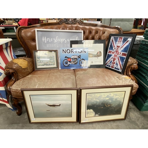 157 - Norton tin plate plaque, 2 framed Coulson prints, framed Lowrey print etc