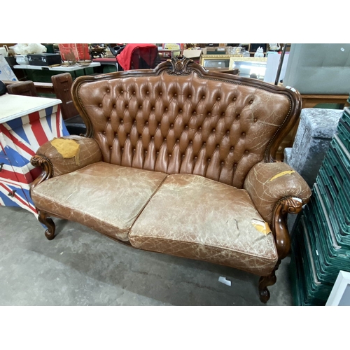 158 - Queen Anne style tan leather button back settee (requires re upholstering) 93x146x157