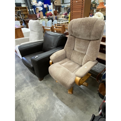 161 - Brown leather armchair 115x70 & an oatmeal upholstered swivel lounge chair 84x92