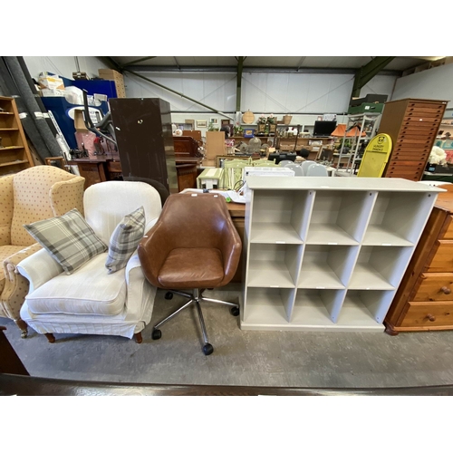 164 - Tan faux leather swivel chair 88x56, cream upholstered armchair 85x76 & a Great Little Trading Co gr... 