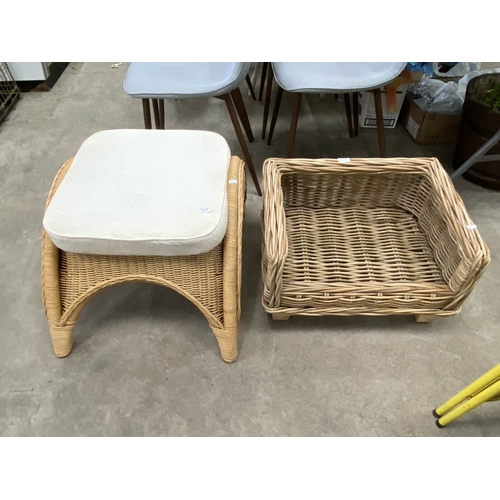 172 - Wicker footstool with cushion 40H 58W 65D & a wicker dog/cat basket 35H 58W 46D