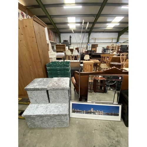 178 - Contemporary mirror 90 x 60cm, framed New York, New York print 36H x 104W, 4 grey crushed velvet sto... 