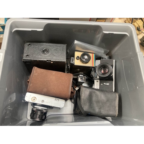 349 - Box of assorted cameras including Zenit-E, Polaroid Land Camera, Prinzflex TTL etc