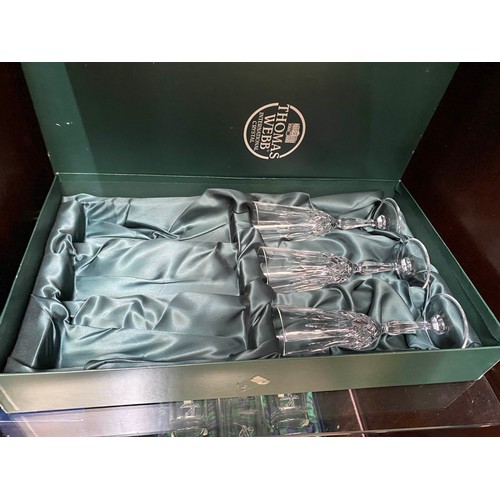 345 - 2 boxes of Thomas Webb International Crystal champagne glasses (box of 6 and box of 3) and Gleneagle... 
