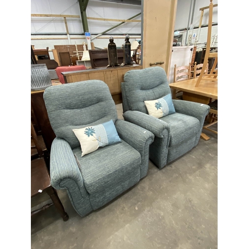 102 - 2 G Plan blue upholstered armchairs 90W (one is an electric reclining armchair)