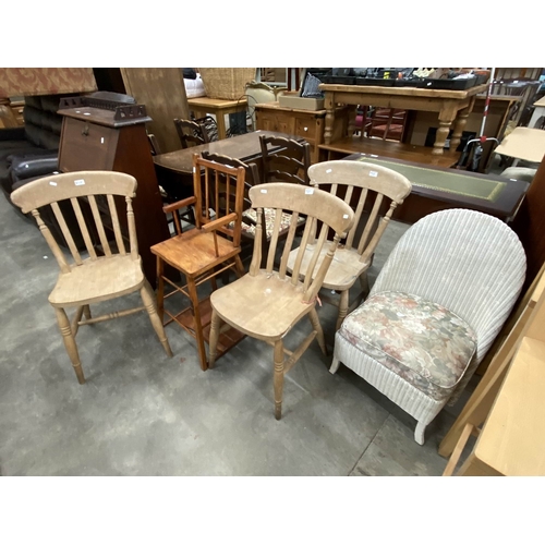 106 - 3 pine kitchen chairs etc