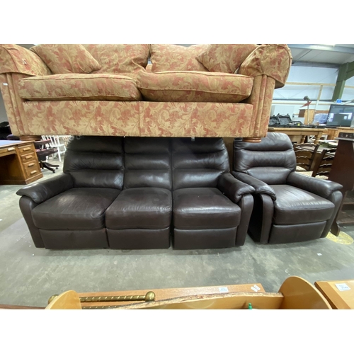 108 - Brown leather manual reclining 2 piece suite (armchair 100H x 205W & settee 100H x 92W)