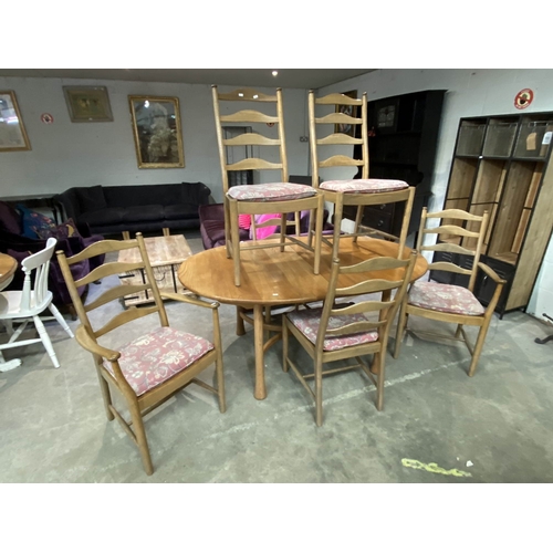 116 - Ercol solid elm 'Saville' extending dining table 73H 162W 108D and 6 chairs including 2 carvers