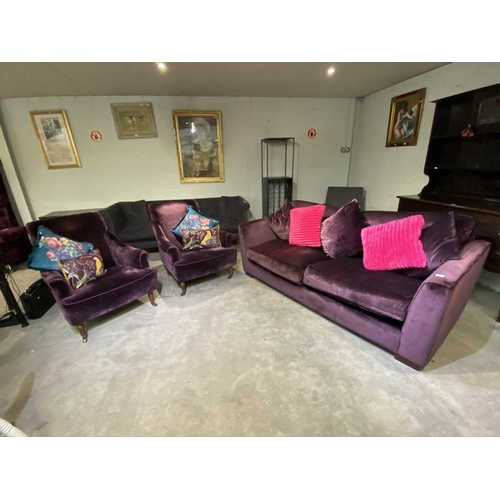 118 - Pair of mulberry velvet upholstered lounge chairs with scatter cushions 80W & settee 210W