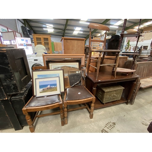 63 - Assorted furniture including an oak console table 76H 96W 42D, brass coal box etc